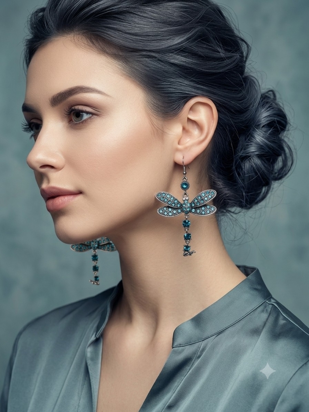 Teal Crystal Dragonfly Drop Earrings for Women